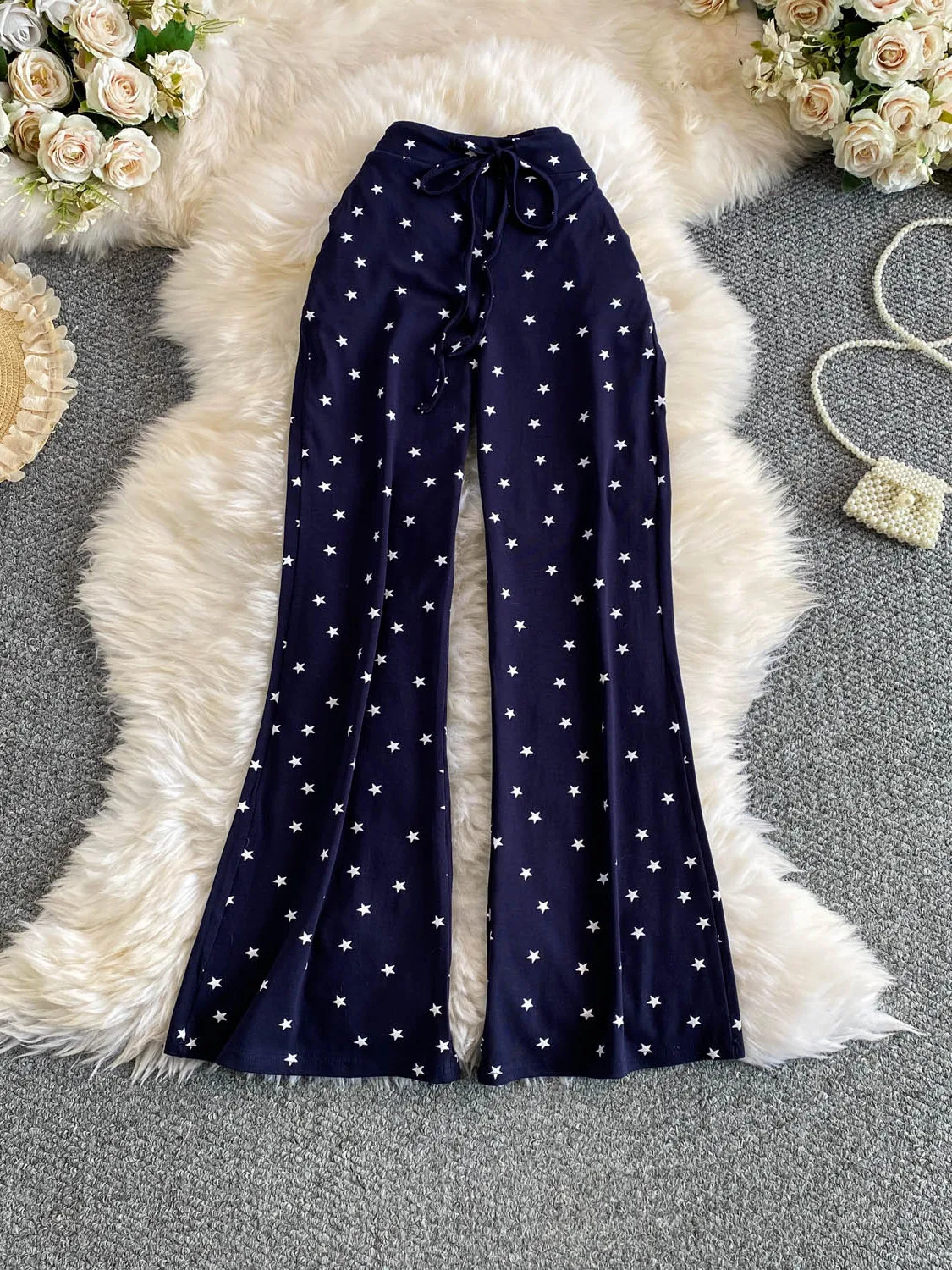 High Waist Slim Fit Floral Print Casual Pants Women's Narrow Version Tie Drape Lazy Style Leg Lengthening Bell Bottoms