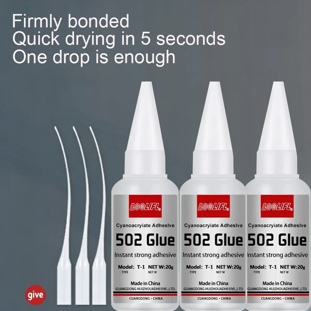 Cola instantânea transparente 502, adesivo universal de alta viscosidade e cura rápida para reparo de decoração de plástico, metal e vidro