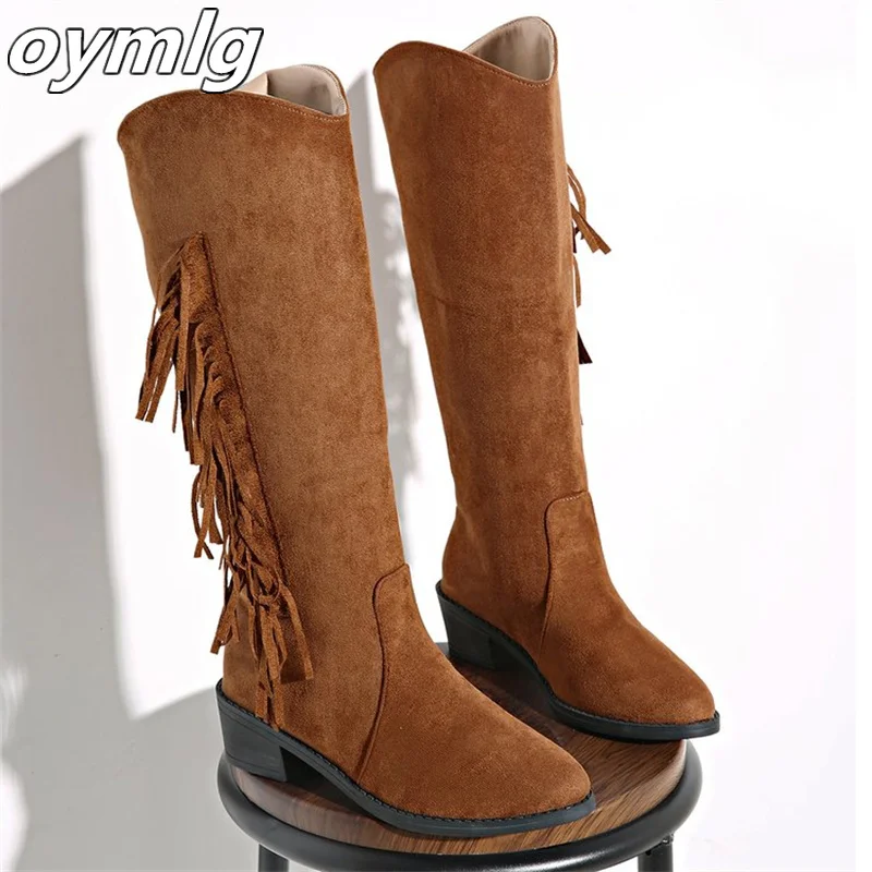 Large suede long tube fringed boots for women 2024 new pointed low heel versatile boots for knights