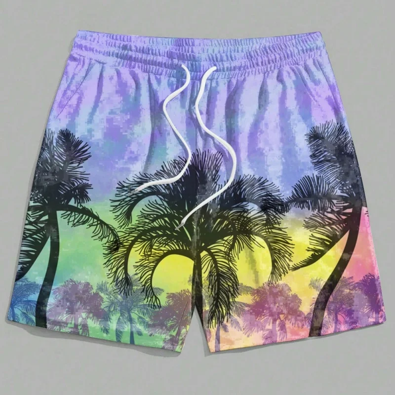 3D Printing Gradient Coconut Tree Short Pants For Men Fun Plants Pattern Swim Trunks Summer Quick Dry Loose Casual Beach Shorts