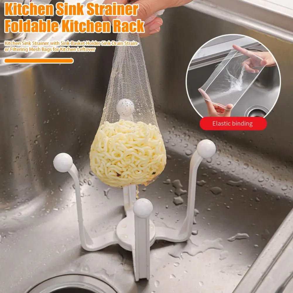 Kitchen Sink Strainer with Basket Holder Sink Drain Strainer Filtering Mesh Bags Kitchen Sink Holder Filter Foldable Rack