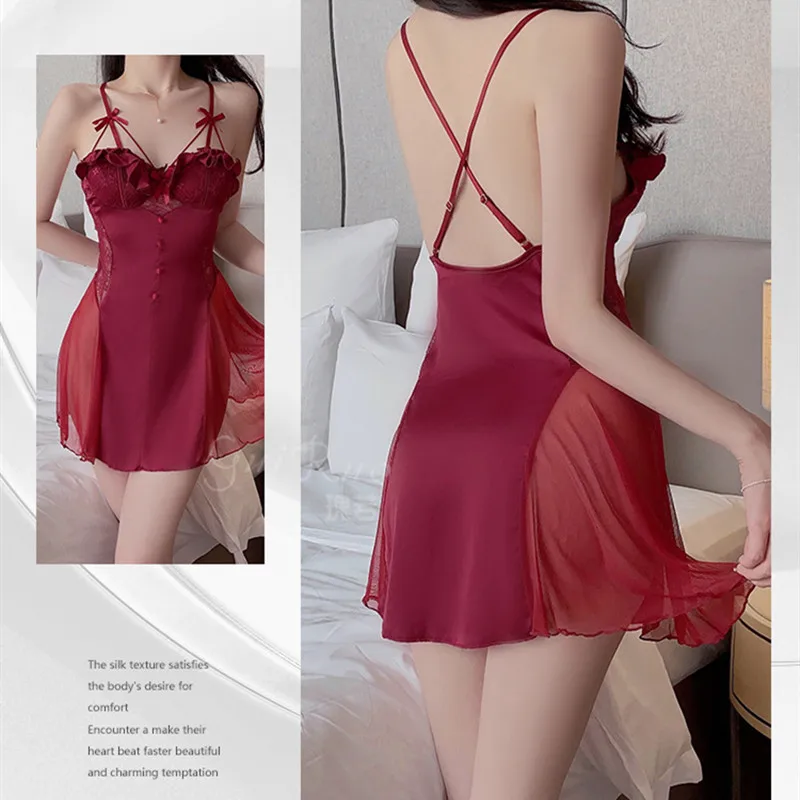 Sexy Spaghetti Strap Backless Nightdress Femme Sleepwear Summer Ruffles Sleeveless Nightgown Gown Mini Sleep Dress