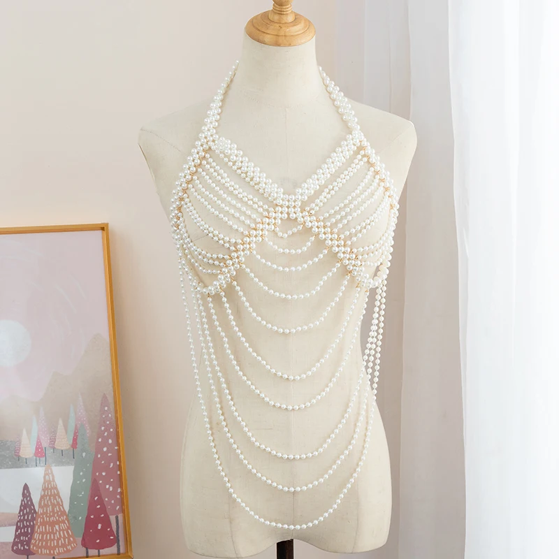 Fashion EuropeAn-American Style Body Chain Handwoven Shawl Pearl Wave Wedding dress performance shoulder chain jewelry