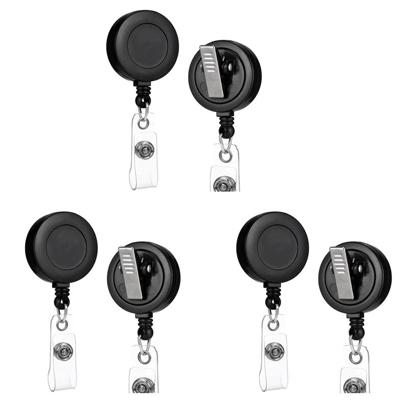 6 Pack - Retractable ID Name Badge Holder Reels With Swivel Alligator Clip (Black)