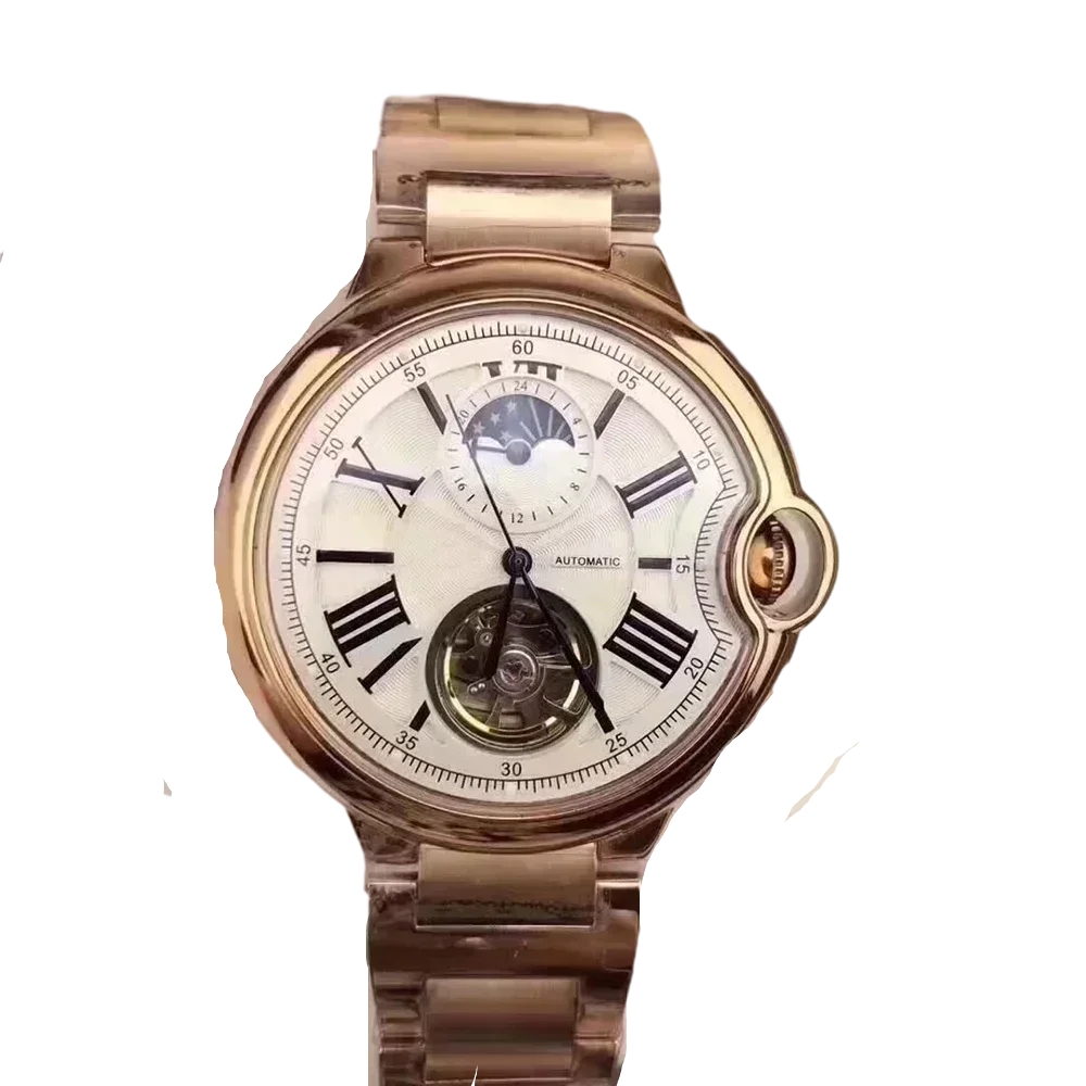 

Роскошные новые механические Спортивные часы с синим, черным кожаным ремешком, розовым золотом, фазой Луны