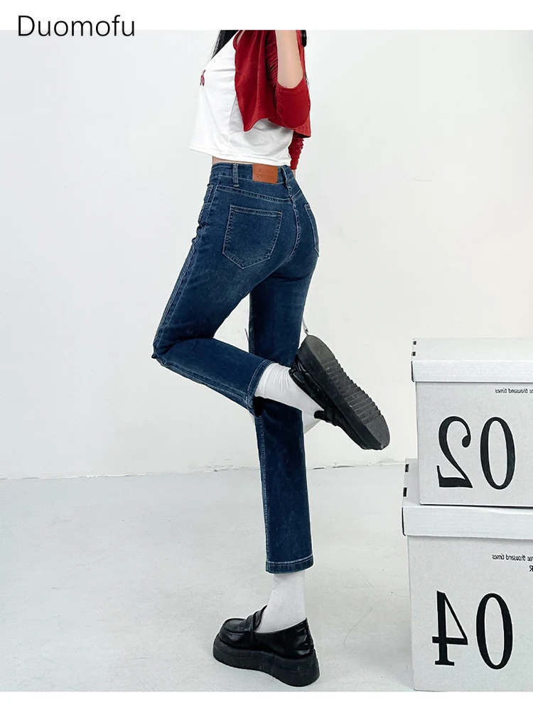 Duomofu-Jeans reto de cintura alta feminino, calça fina, calça recortada, botão de zíper, simples e chique, moda clássica e solta, casual e simples, outono