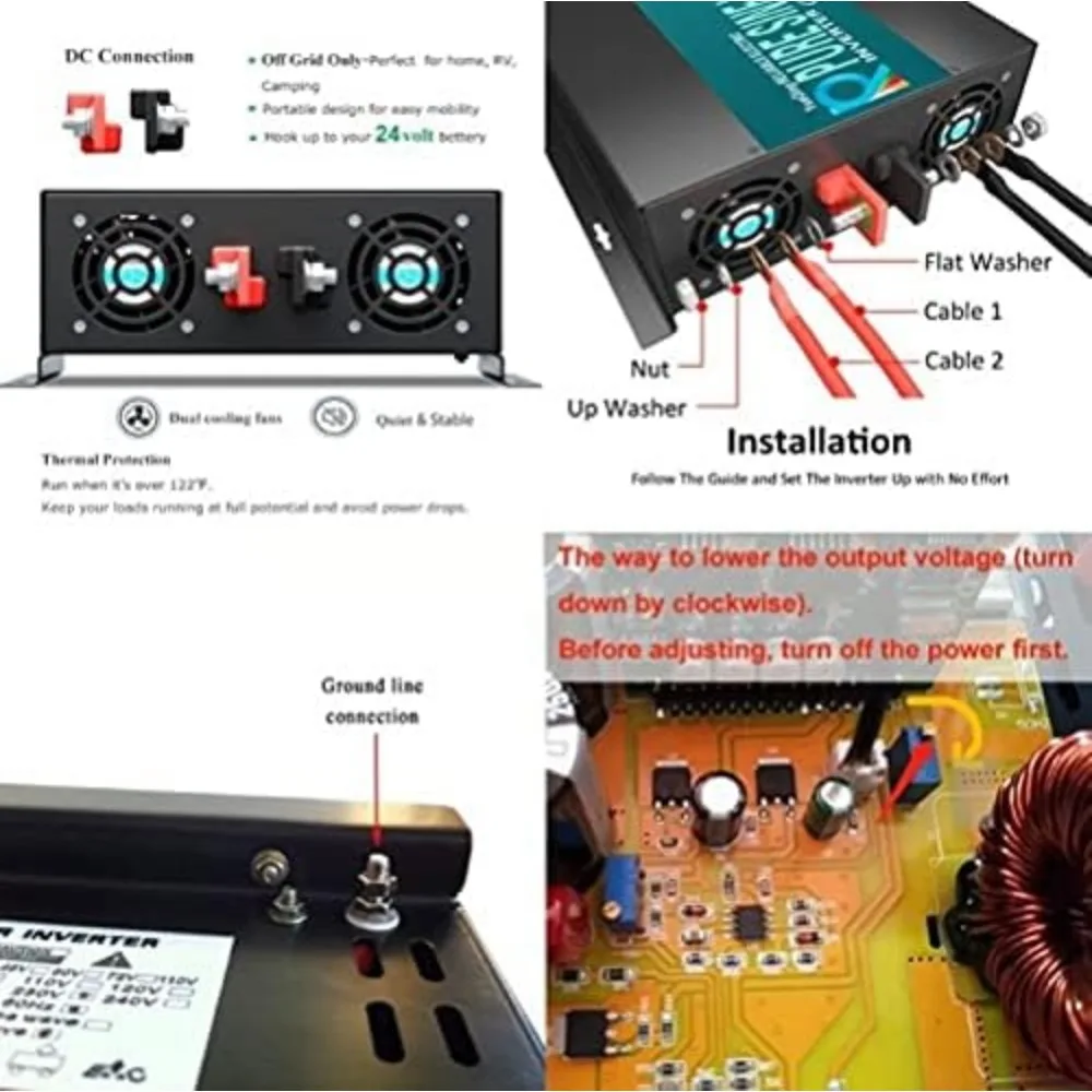 Inverter daya tenaga surya 3000w, Inverter daya tenaga surya gelombang sinus murni 24v 110-120v 60hz dengan tampilan LED RBP-3000S-LEDblack sistem tenaga surya hitam