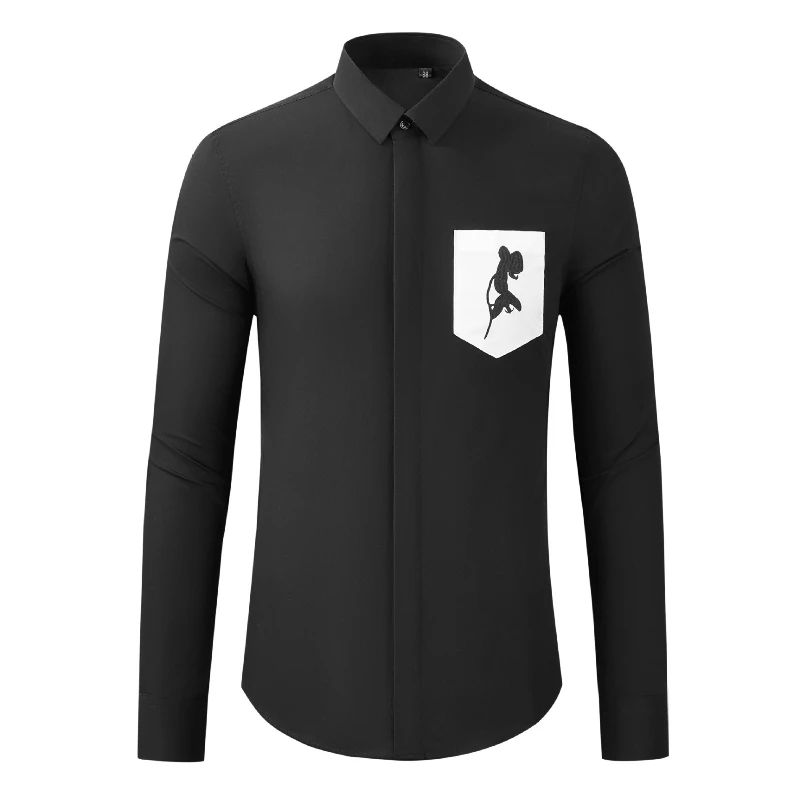 

Осенние хлопковые мужские рубашки с карманами и мышью с вышивкой, модная красивая черно-белая рубашка, повседневная деловая классическая рубашка