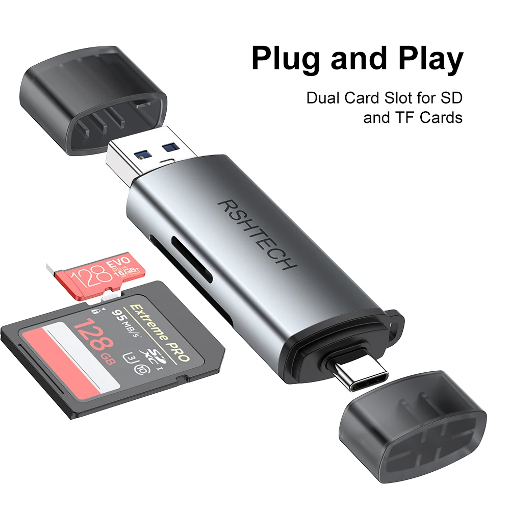 RSHTECH Memory Card Reader Dual Connector USB C/USB 3.0 SD/TF Card Reader Adapter Supports SD/Micro SD/SDHC/SDXC/MMC for MacBook