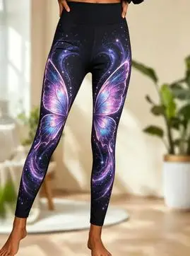 Women's Mid Waist Fleece Lined Leggings Galaxy Glowing Butterfly Print Slim Fit Stretch Long Pants