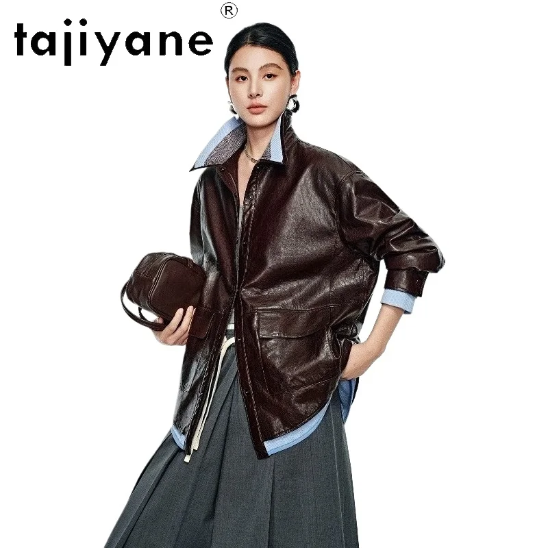 

TAJIYANE Sheepskin Genuine Leather Jacket Women Vintage Oil Wax Midi-Length Contrast Knitted Design Coats 2026 Woman Clothes 자켓