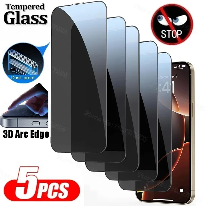 5Pcs Privacy Tempered Glass For iPhone 17 Pro Max 16 Pro 15 Plus 17Air 16e Dust proof Anti-Spy Screen Protector for iPhone 13 12