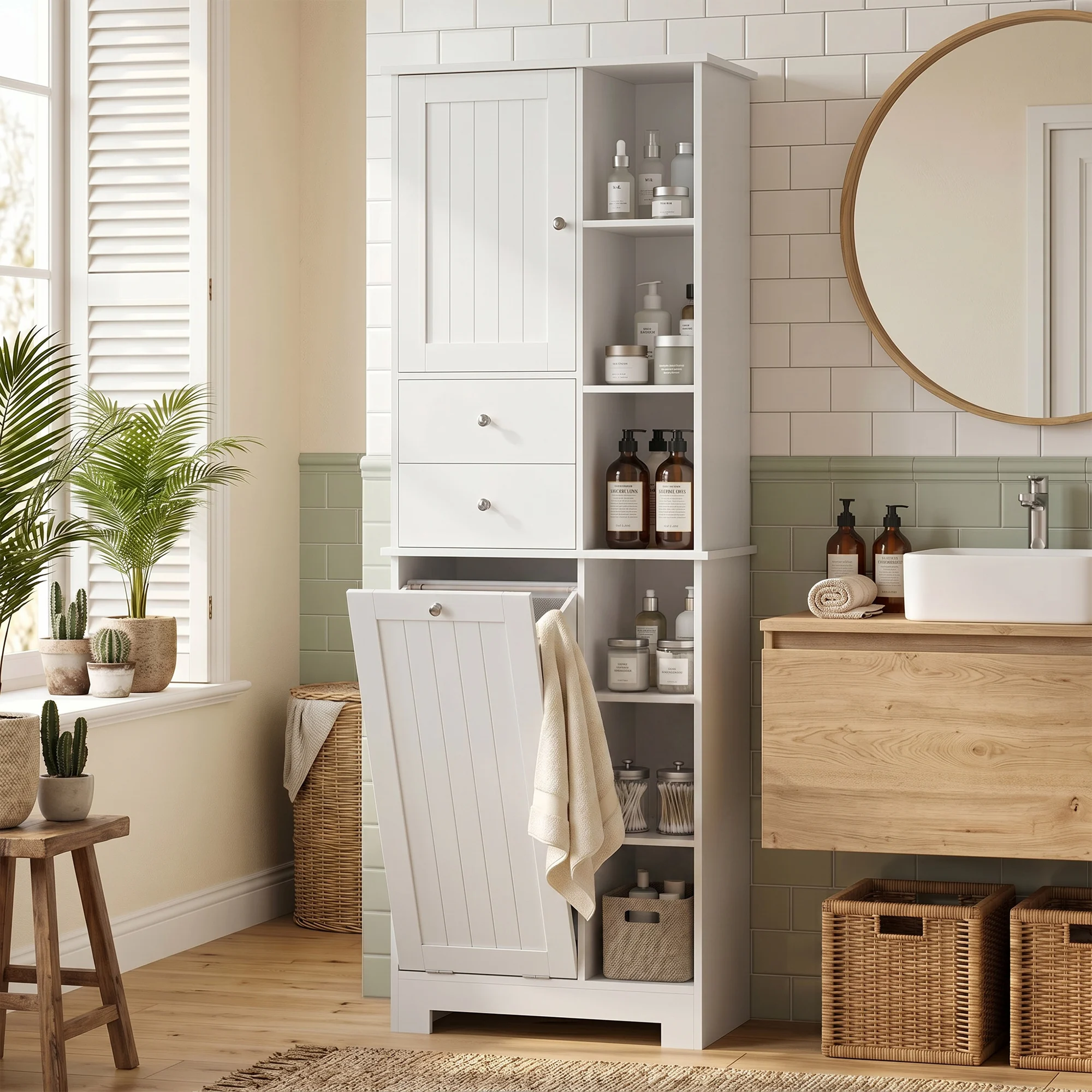 HOMCOM Badezimmerschrank mit Wäschekorb, Schmaler Badschrank mit 6 offenen Fächern Hochschrank mit 2 Schubladen und Soft-Close-Tür für Badezimmer, Wohnzimmer, Küche, 60 x 28,8 x 171 cm, Weiß
