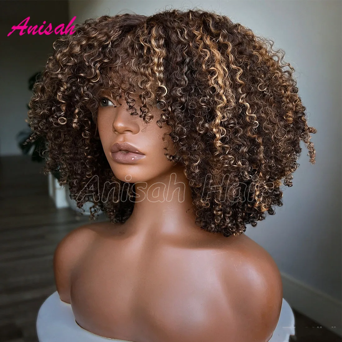 100% Human Hair Highlight Wig Colored Short Bob Ombre Brown Kinky Curly Lace Front Human Hair Wigs Glueless Wigs For Women