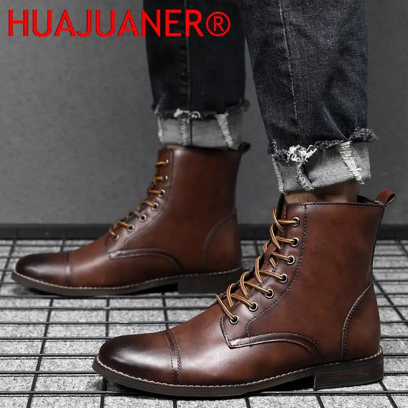 New Spring Autumn Fashion Brown Leather Men\'s High Boots Pointed Motorcycle Boots Men Outdoor Waterproof Ankle Boots Big Size 48