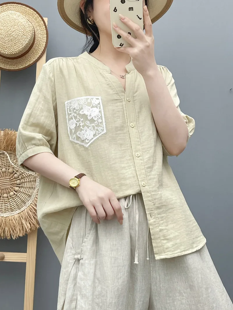 New 2025 Summer Cotton Yarn Half Sleeve Shirt, Women V Neck Lace Pocket, Mori Girl French OL Comfortable Loose Blouse T56687CC