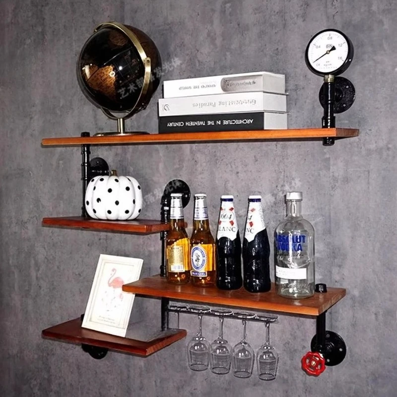 ‌Industrial Wall Mount Shelf Set, Wrought Iron Wine Display Rack, Rustic Wood Floating Cabinet, Accent Decor Focal Point