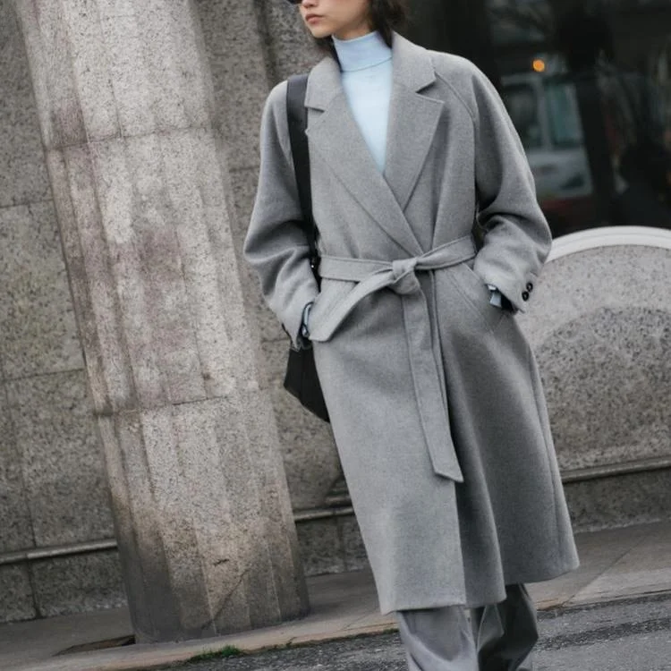 

Autumn Winter New Women's Wool Blend Long Coat Jaet Turn-down Collar Belted Street Sle Mid-length Polyester ...