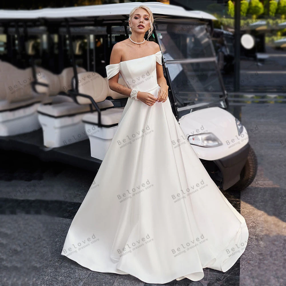 Vestidos De Novia sencillos, elegantes Vestidos De Novia con hombros descubiertos, corte en A, satén, cuello barco, Espalda descubierta, Vestidos modernos De Novia