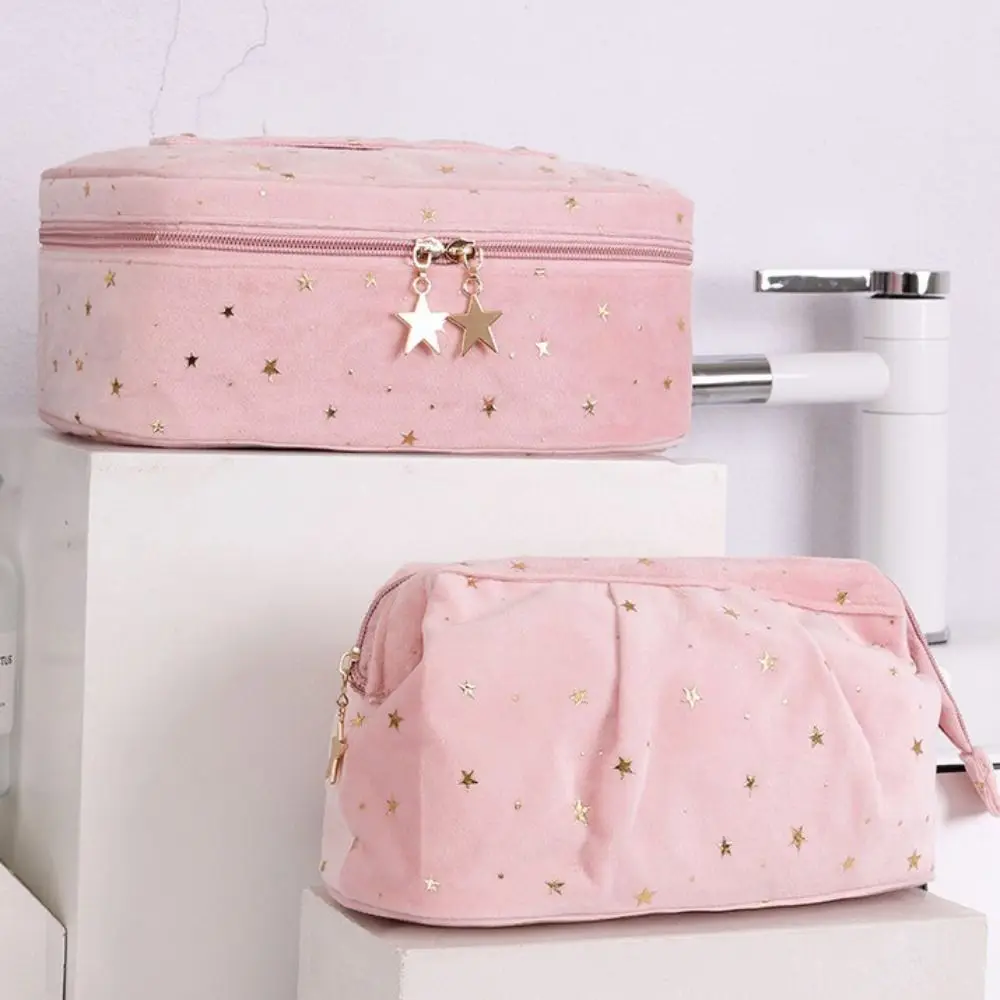 Large Capacity Travel Cosmetic Bag Bronzing Stars Cubic Shell Shape Women's Toiletry Pouch Velvet Material Wash Pouch