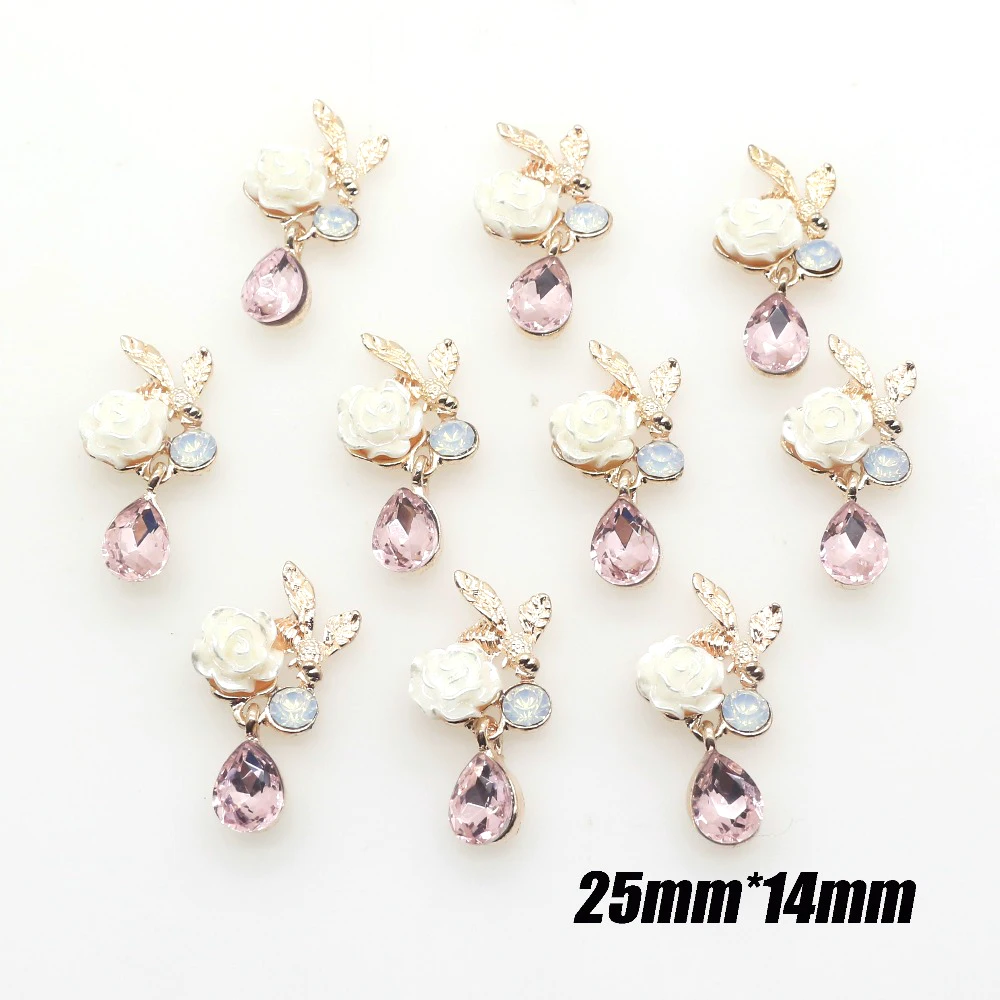 Metal Pendant 10Pcs 25*14MM Pink Crystal Rhinestone Button, Flower Decoration Brooch DIY Clothing Sewing Crystal Button