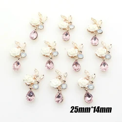 Metal Pendant 10Pcs 25*14MM Pink Crystal Rhinestone Button, Flower Decoration Brooch DIY Clothing Sewing Crystal Button