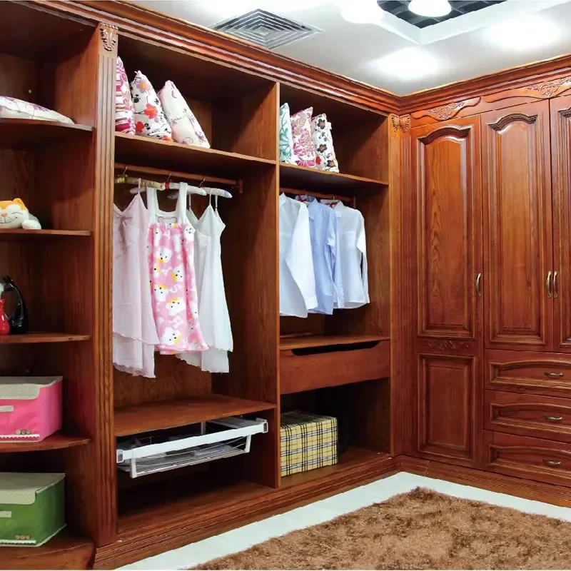 High-End Bespoke European Freestanding Solid Wood Wardrobe Custom Traditional Walk-in Closet Ornate Carvings Multi-Functional