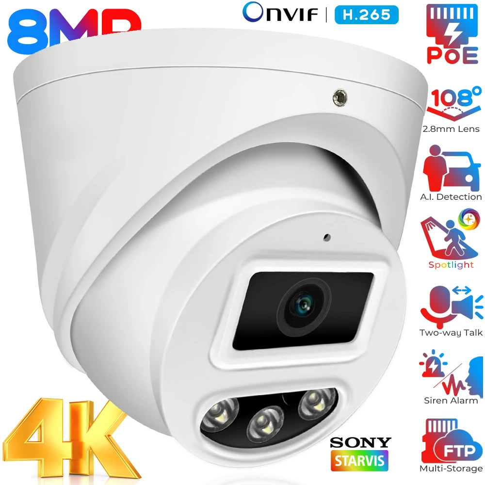 4K 8MP Fixed Dome PoE IP Camera Outdoor 108° Wide Angle Security Camera for Home Surveillance Color Night Vision 2-way Audio Cam