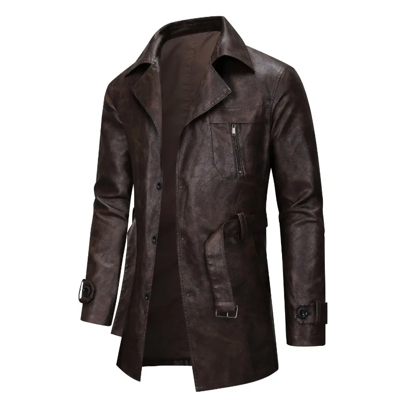 KIDWHXR 2026 Autumn Leather Windbreaker Man Retro Punk Single-breasted Belt Men Jacket Mid Length Long Sleeve Male Outerwear