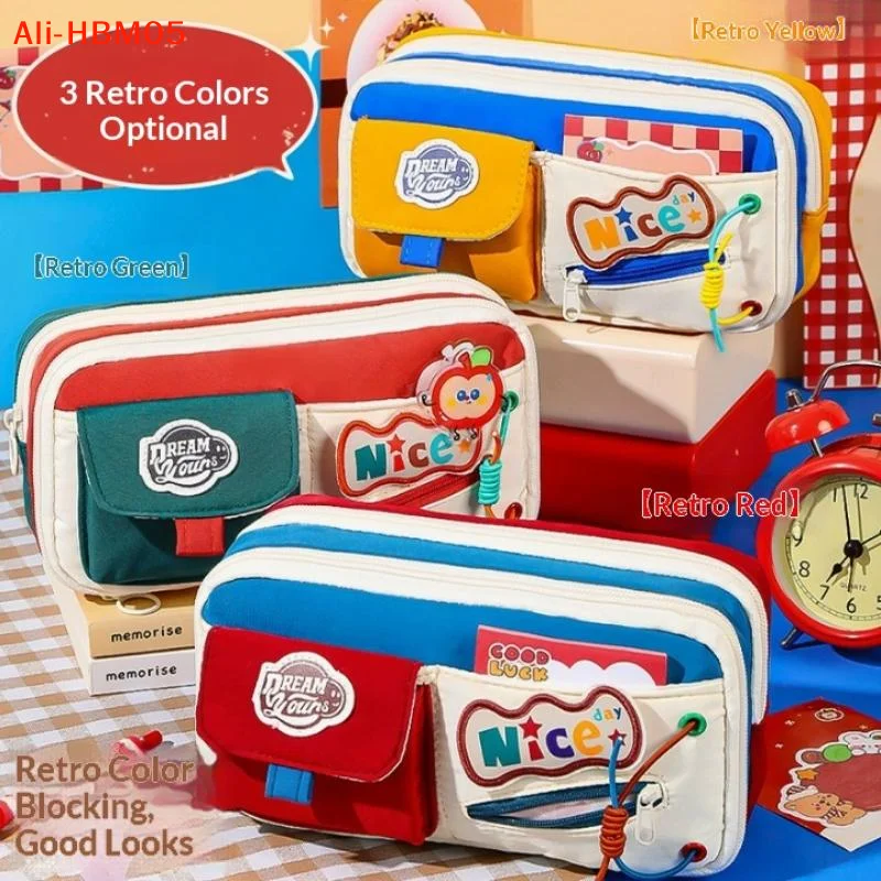 (HB05)Classic American Pencil Case Retro High Aesthetic Pencil Case Large Capacity Multiple Patterns Stationery Box For Students
