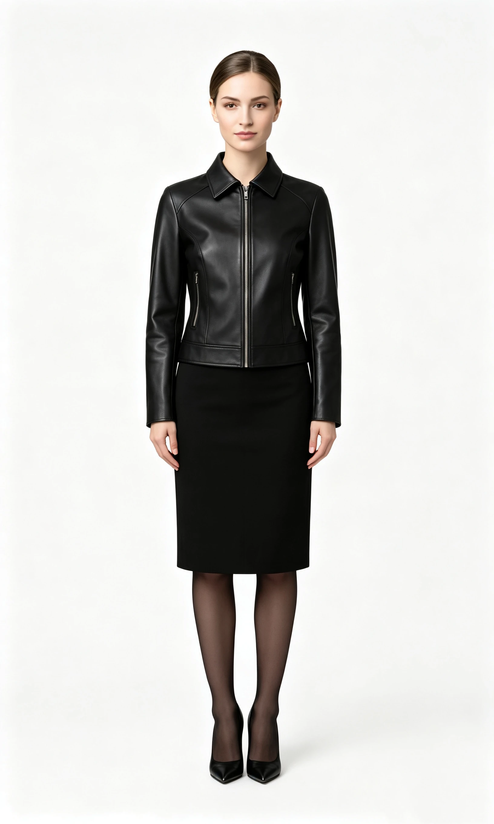 Women's Slim Fit Faux Leather Jacket with Classic Collar and Zip Front