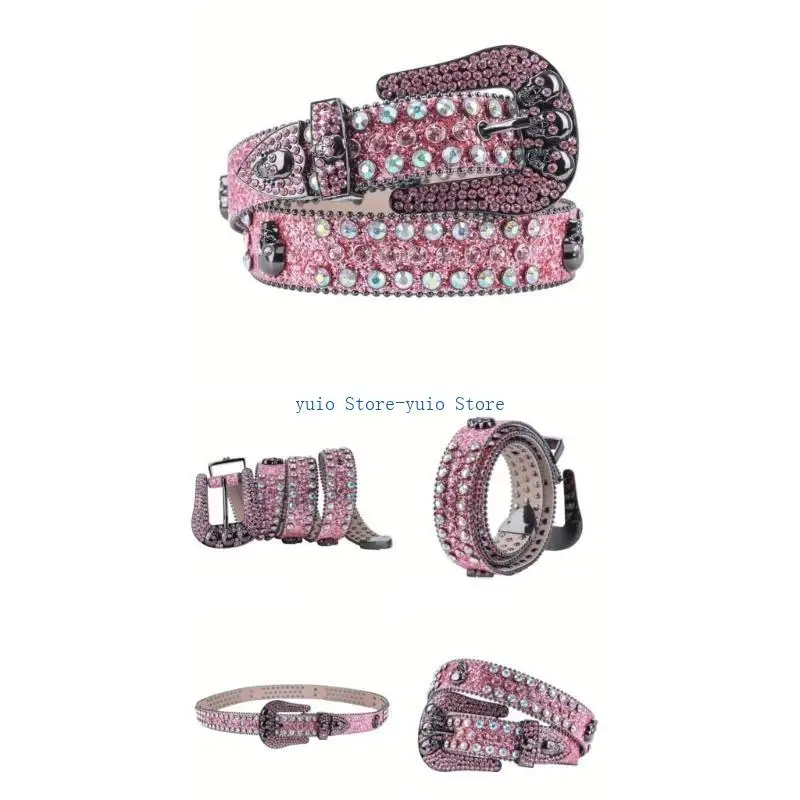 

X7XB Adult Full Sequins Belt for Dress Waist Belt Rhinestones Skull Buckle Thin Waist Belt Street Cultures Enthusiasts Belt