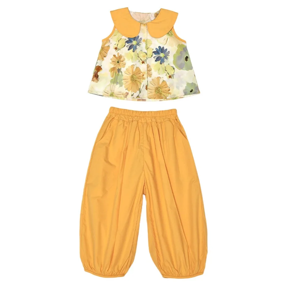 

Wide Leg Pants Girls Floral Suit Flip Collar T-Shirt Floral Print Short Sleeve Two Piece Set Comfortable Top+Pants Suit