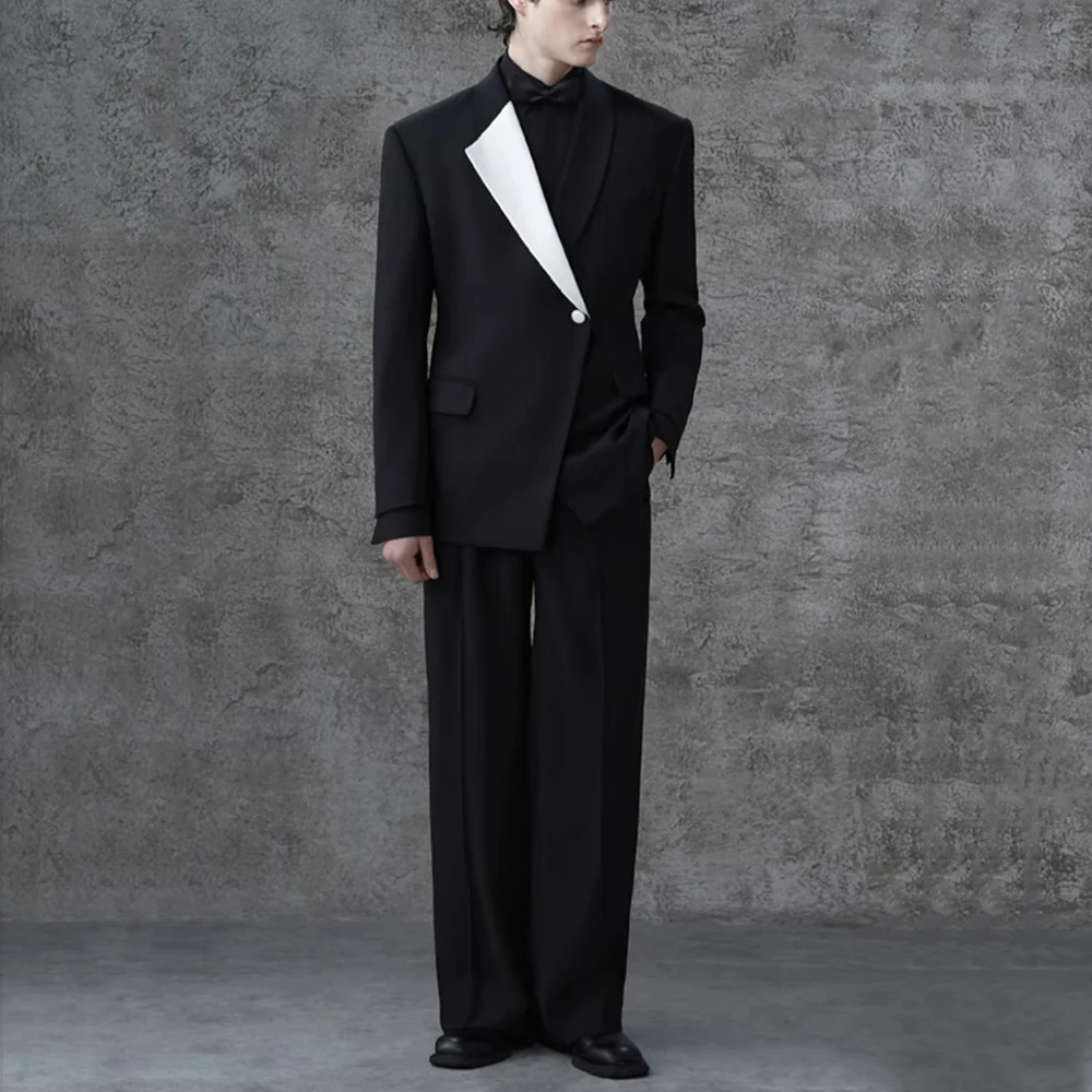 Elegant Black Patchwork Men's two Pieces Suit One Button Blazer with Pant Sets Wedding Business Office Daily Male Clothing