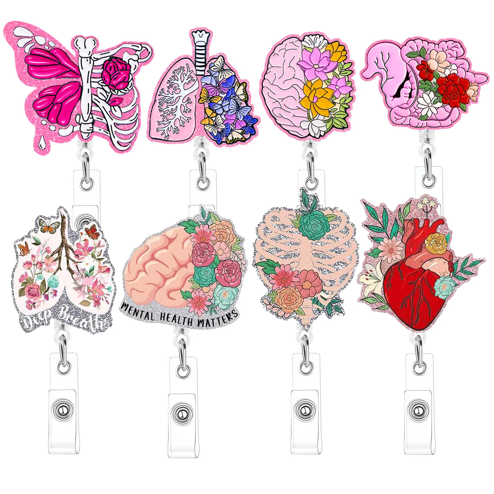 Cute Acrílico Flores e Enfermeira Nome Alligator Badge Clips, Reels ID Card Buckle, Acessórios de escritório, Reel Clips, Novo