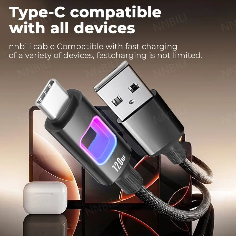 NNBILI Dual Type C PD 120W USB C إلى C سلك بيانات شحن سريع من النوع C شحن سريع لجهاز MacBook iPad iPhone 17 16 Samsung Xiaomi