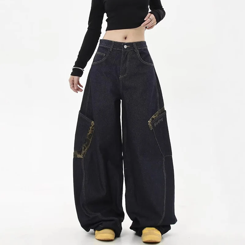 American Y2k Harajuku Washing Jeans Leopard Print Dark Blue High Street Retro Clothing Loose Super Large Straight Wide-leg Pants