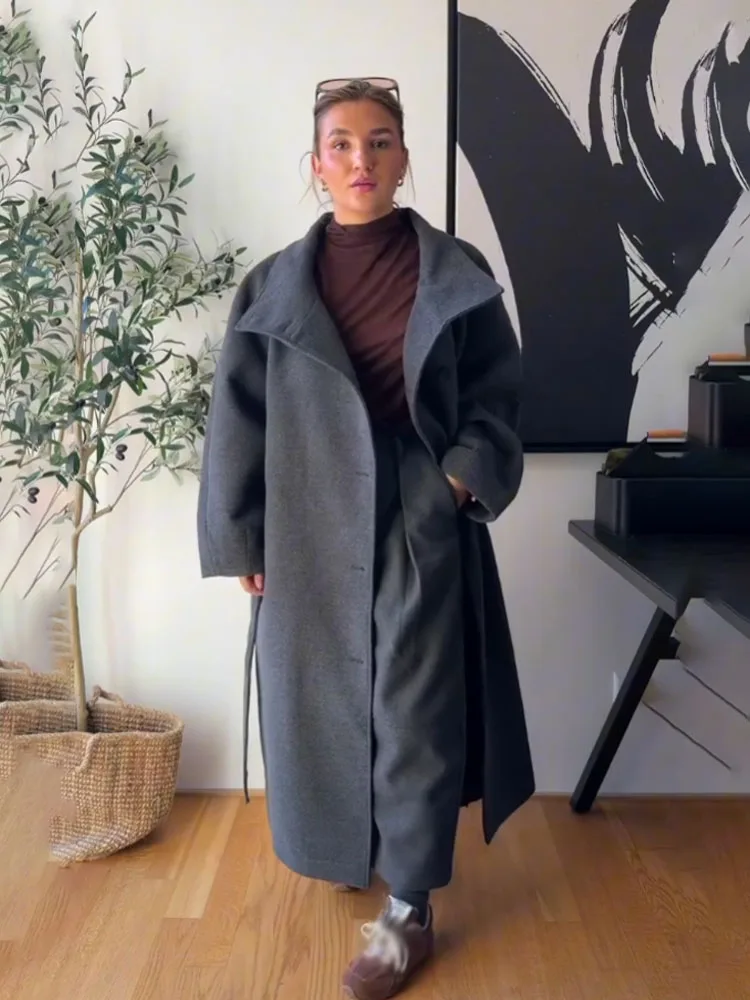 HH Women Winter Fashion Stand Collar Belt Solid Long Woolen Coat Female High Street Casual Single Breasted 2-Color Jackets Mujer