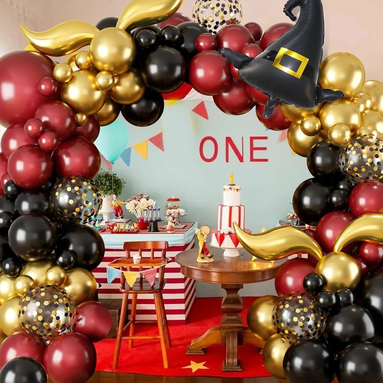 Magisches Zauberer-Schul-Ballon-Girlanden-Bogen-Set, Burgunderrot-Schwarz-Goldener Bogen mit Zaubererhut für Magische Zauberer-Themen-Geburtstagsdekoration – Detail 4