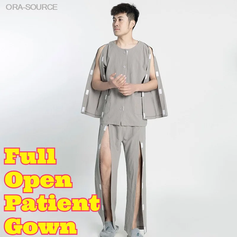 full-open-easy-on-off-patient-nursing-gown-for-elderly-bedridden-post-surgery-recovery-spring-summer-lightweight-breathable-set