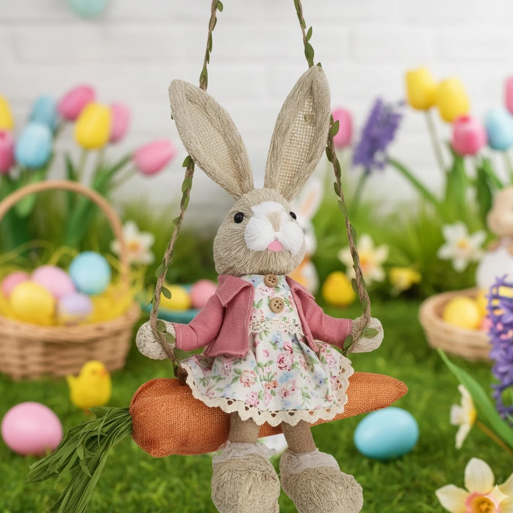 Easter Bunny on Swing Handmade Woven Grass Rabbit Creative Figurine Home Decor Hanging Ornament Forest Theme Gift