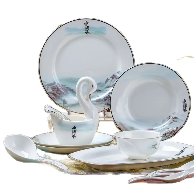 60 Heads Jingdezhen Ceramic Dinner Rice Bowl  Salad Noodles Bowl  dishes and plates Plate Dinnerware Sets Tableware