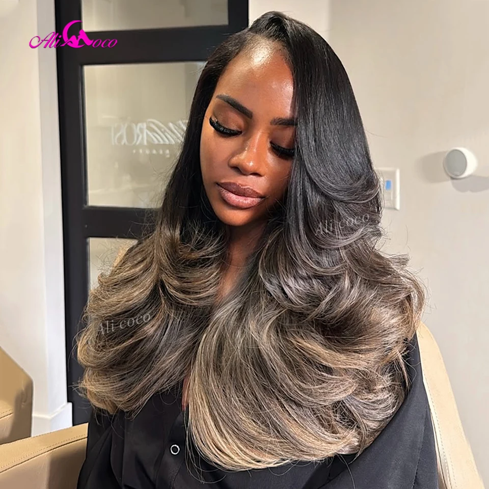 

Glueless Wig Black and Blonde Ombre Drawstring Cap Real Human Hair Transparent Lace Front 180 Density Remy Pre Plucked Body Wav