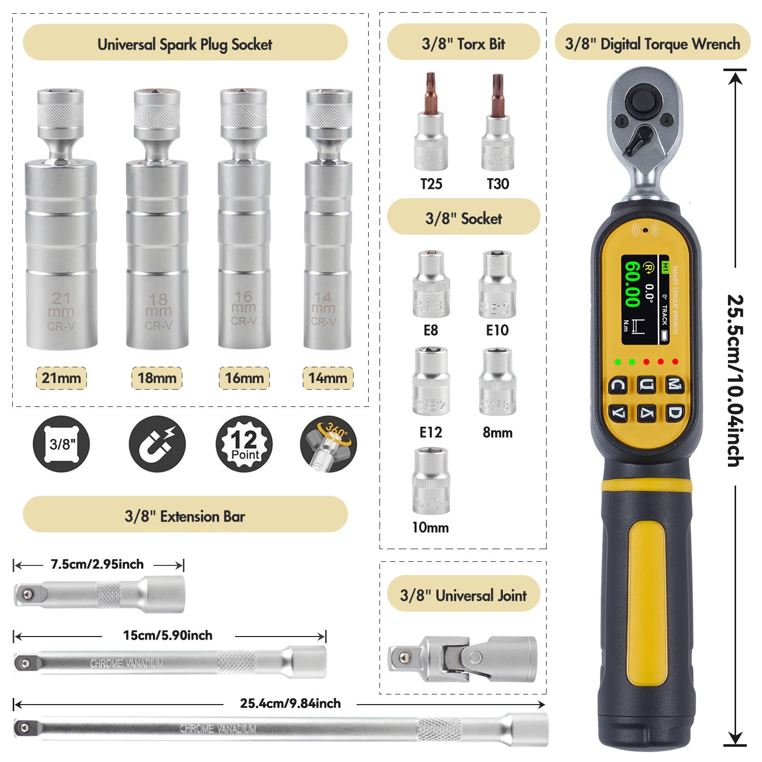 Waxtron 3/8'' Digital Angle Torque Wrench 3-60 N.m 16PCS ±2% Accuracy Spark Plug Torque Wrench For Bicycle Motorbike Auto Repair