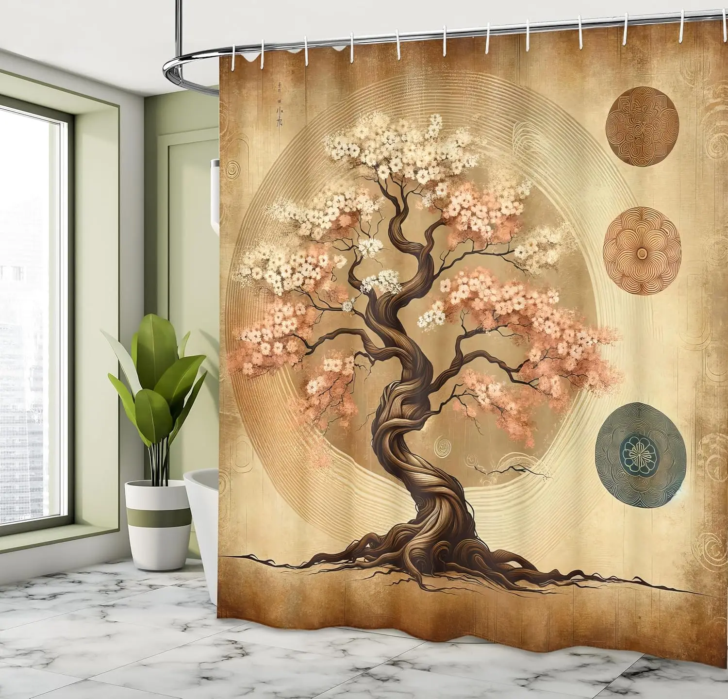Ethnic Weathered Style Spring Tree Japanese Garden Rustic Folkloric Motif, Cloth Fabric Bathroom Decor Set with Hooks, Blush