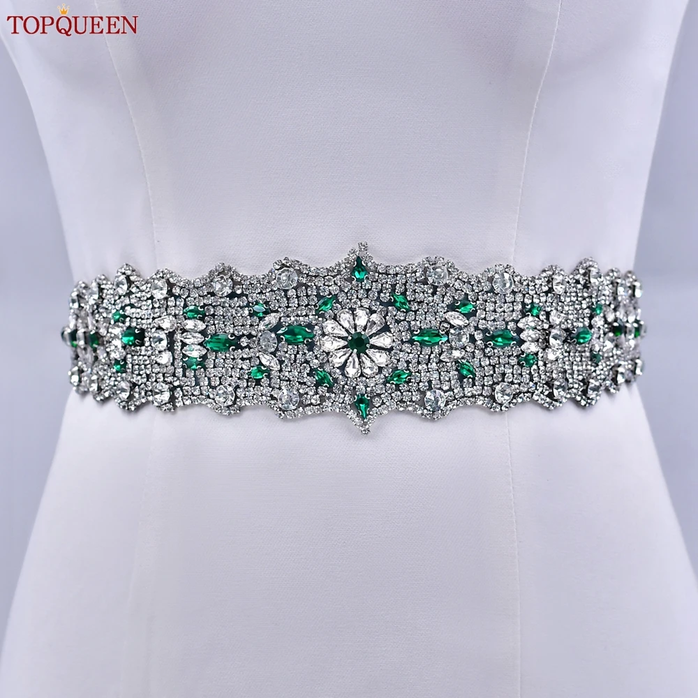 

TOPQUEEN Rhinestone Bride Belt Green Diamond Wedding Dress Wide Sash Women's Ribbon Belt Stage Dress Accessories S233L-KL