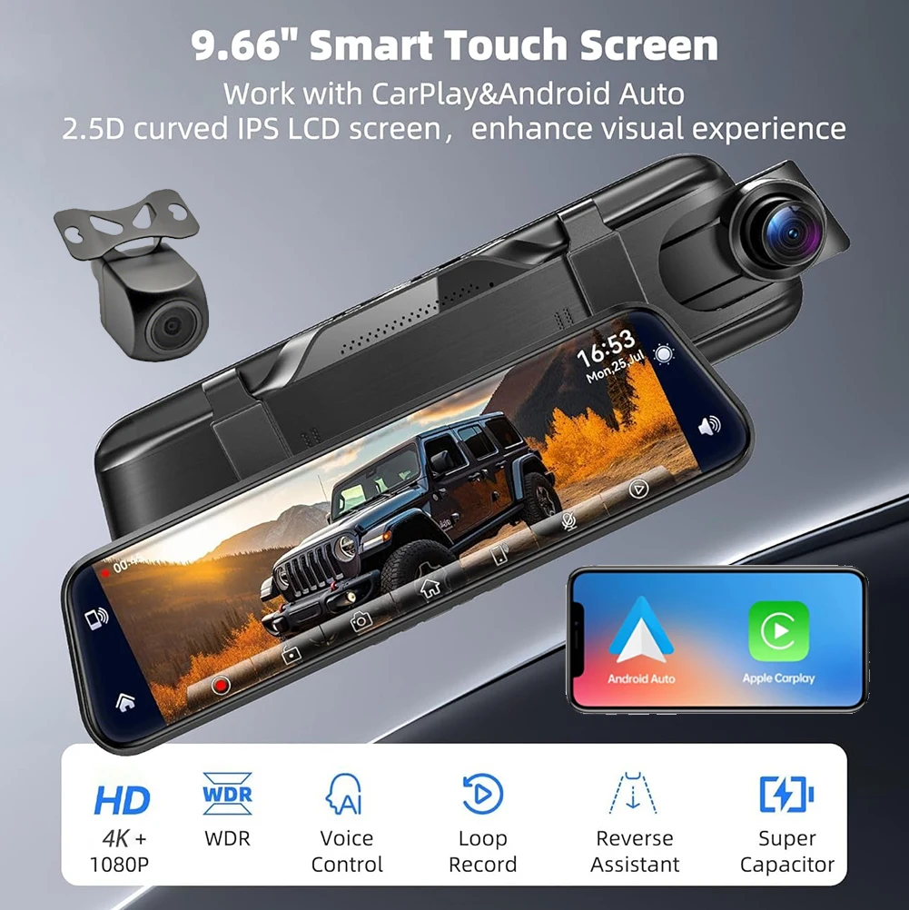 4K Ultra HD 2160P Dash Cam CarPlay Android Auto Stream Rear View Mirror GPS 5G WIFI Car DVR Video Camera Recorder FM Transmitter