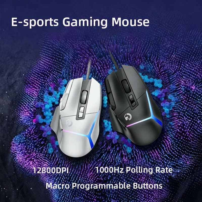 Wired Gaming Mouse 6 Levles DPI Game Office Mode 1000Hz Polling Rate RGB Lighting Effect 10 Buttons For Medium and Larger Hands