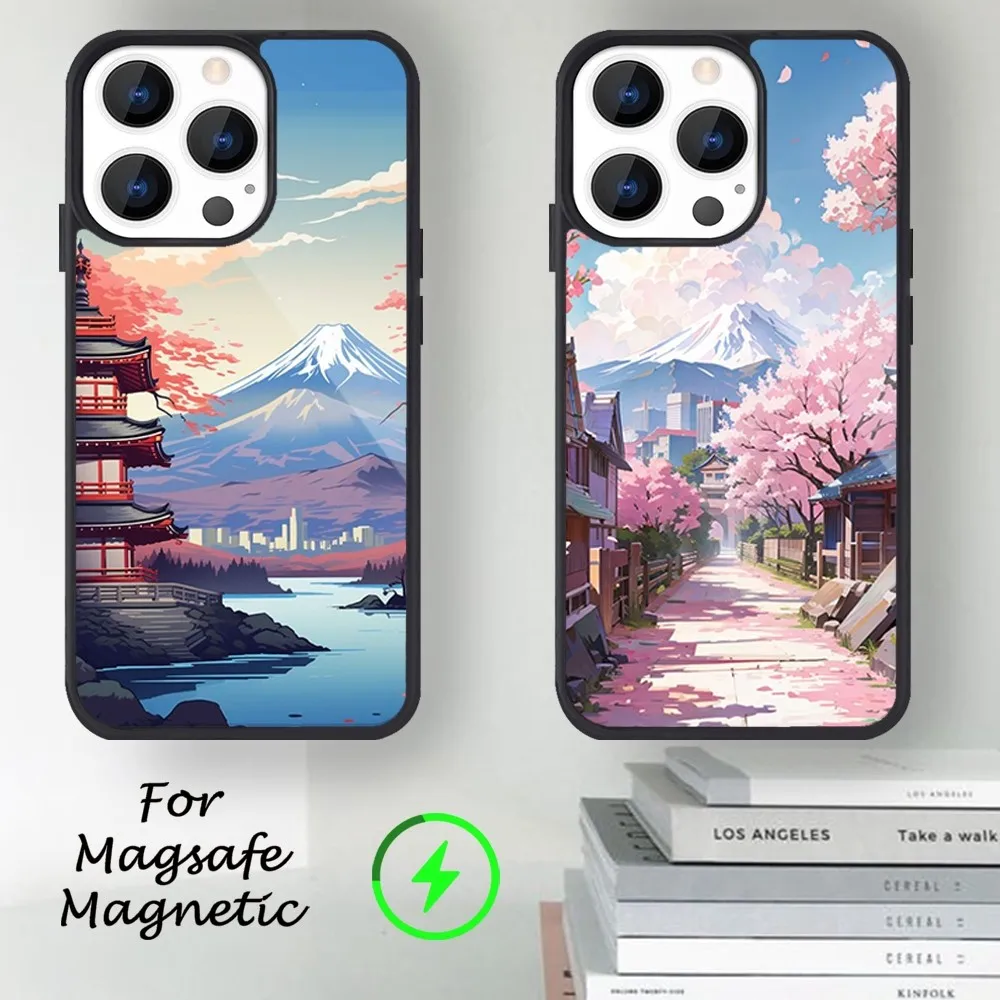 Japanese Aesthetic Moun Fuji Phone Case For iPhone 14 13 12 11 15 Pro Max Magsafe Magnetic