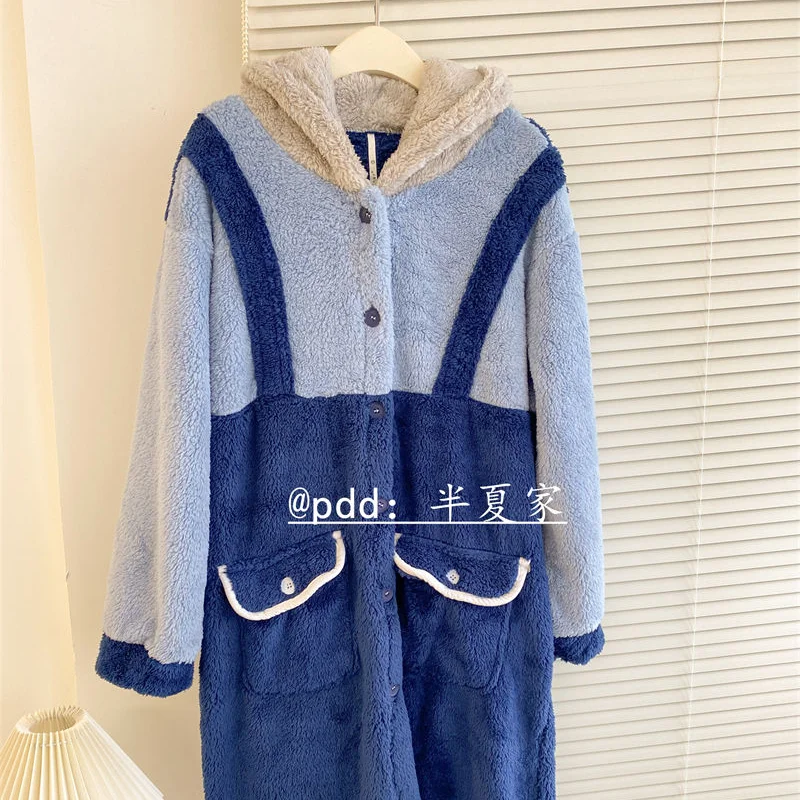 Anime Cartoon Sheriff Rabbit Thick Winter Plush Pajamas Home Clothes Student Leisure Wear Keep Warm Hooded Nightgown Loungewear